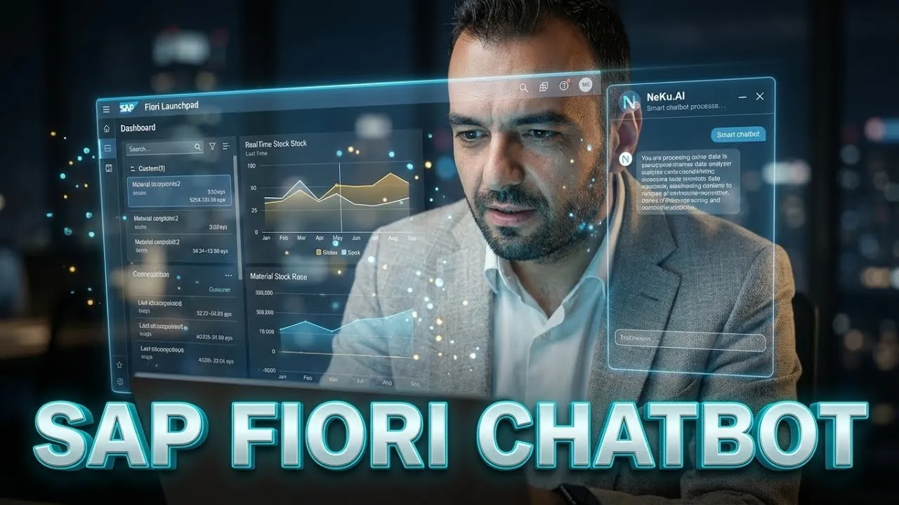 Stok grafiklerinin yanında NeKu AI chatbot paneli açık SAP Fiori Launchpad ekranı