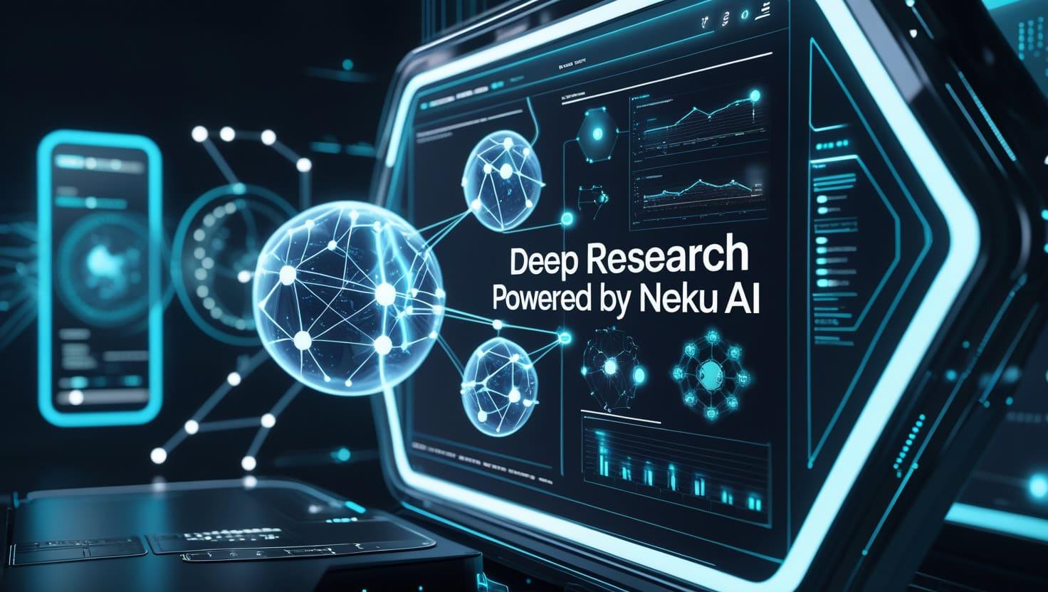 NeKu.AI deep research technology interface with connected digital nodes and data analytics.