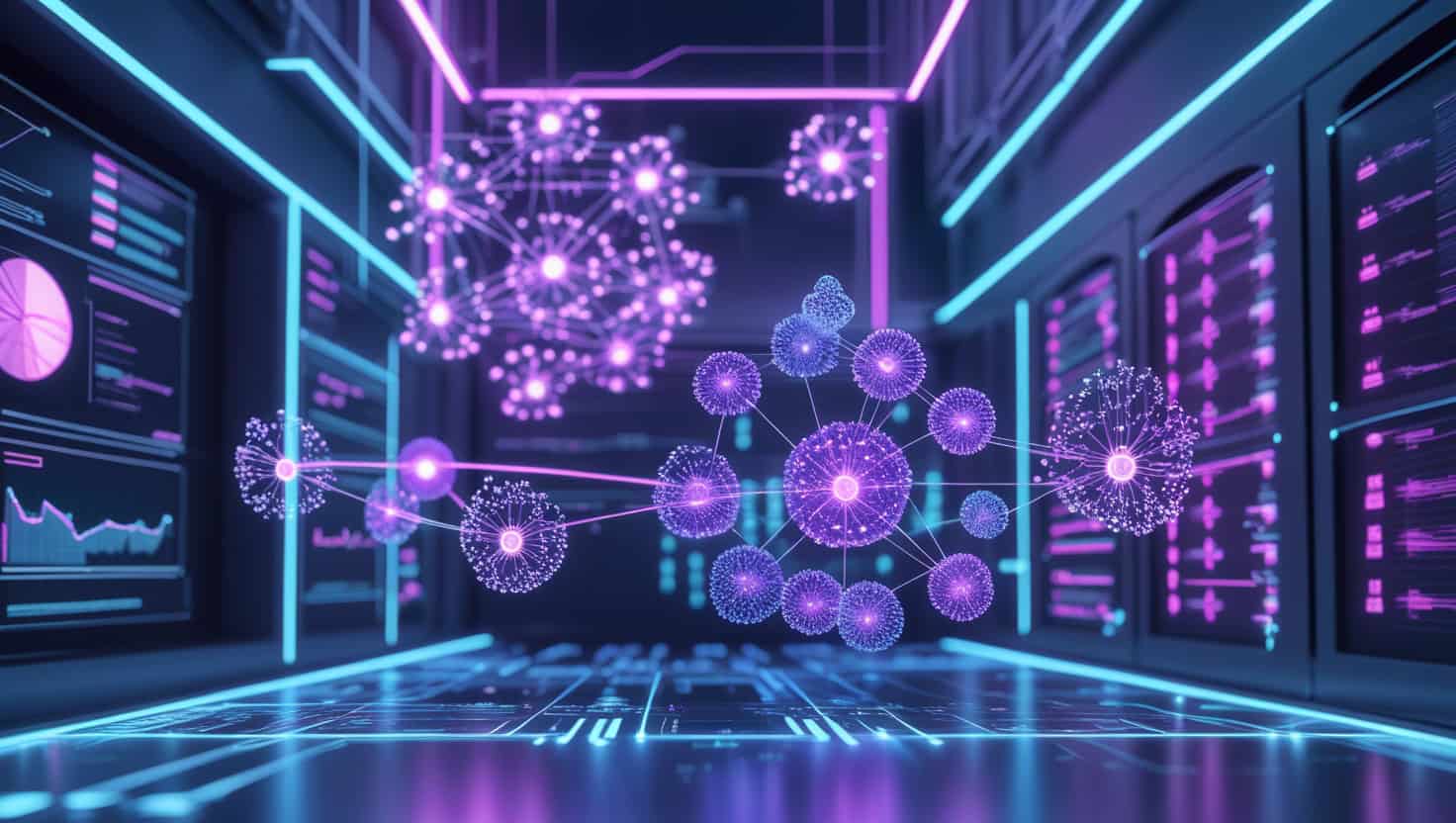 NeKu.AI digital network visualization with glowing interconnected nodes in a high-tech server room.