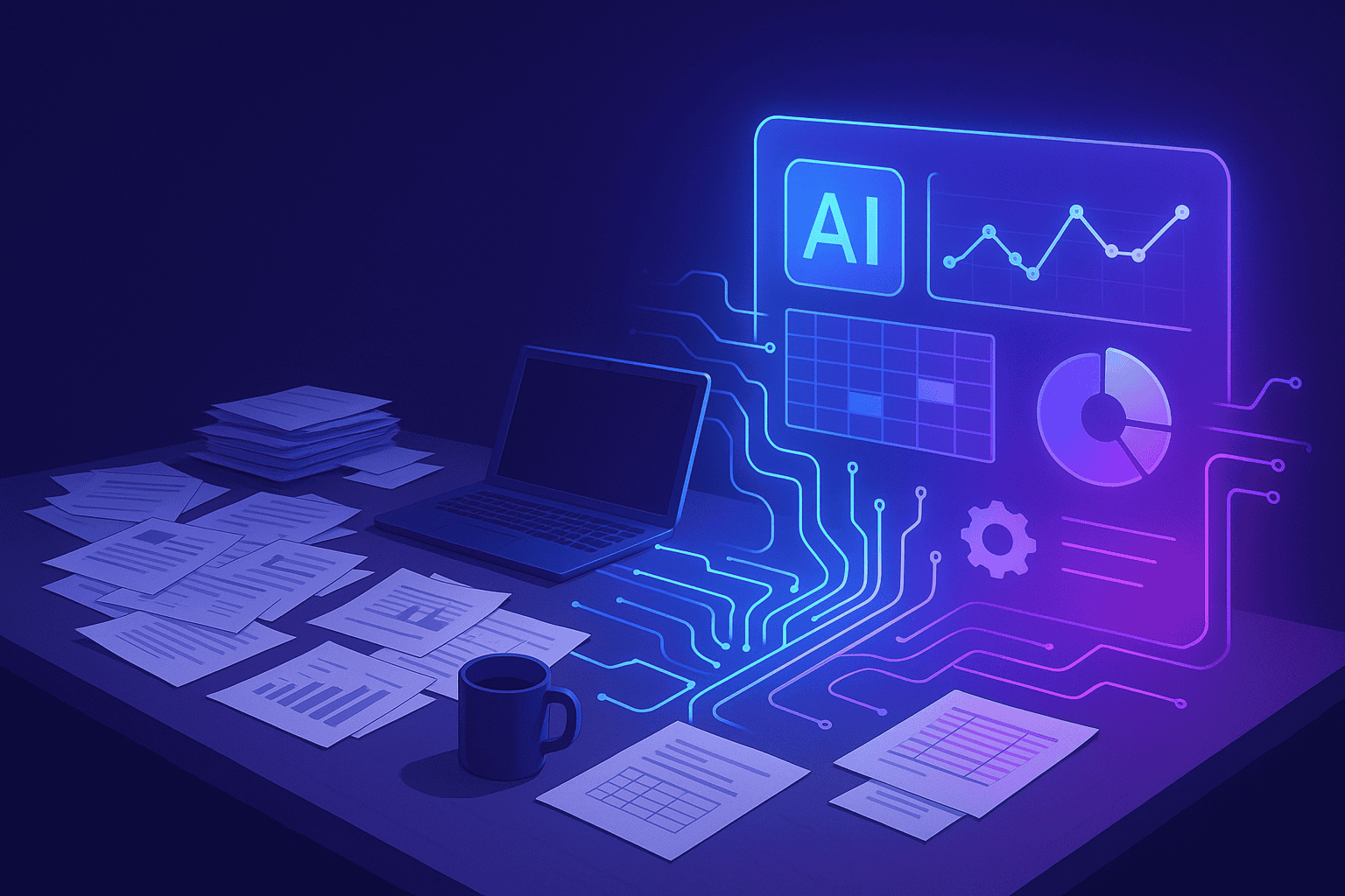 Yapay zeka ve veri analizi ile çalışan modern çalışma ortamı, dijital dönüşüm ve verimlilik teması.