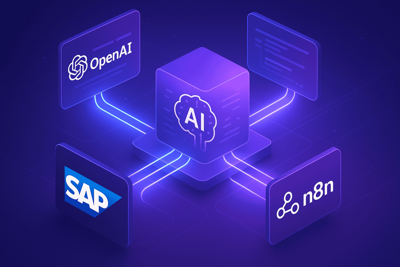 Yapay Zeka ve API entegrasyonu ile çeşitli platformlar arasındaki bağlantı ve veri akışını gösteren modern grafik.