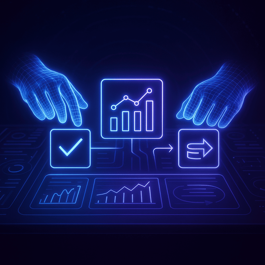 Yapay zeka ve veri analizi simgeleriyle çalışan hologram çalışanlar.