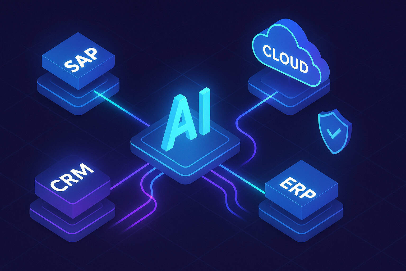 AI-powered business solutions connecting SAP, CRM, ERP, and cloud technologies for enhanced productivity.